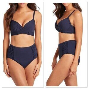 SEA LEVEL SWIM Australia High Waisted Ruched detail Bikini Bottoms Blue 4 NEW